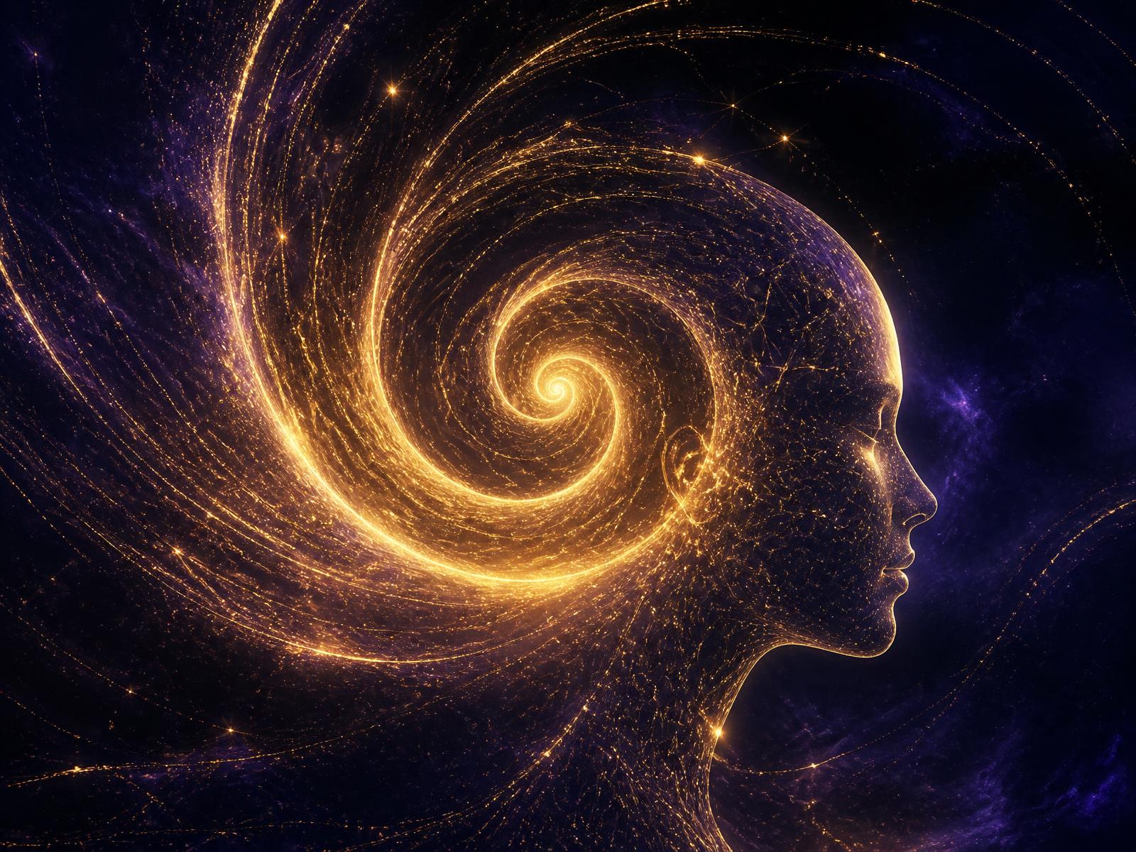 Espiral de luz dourada expandindo-se sobre um perfil humano feito de constelações